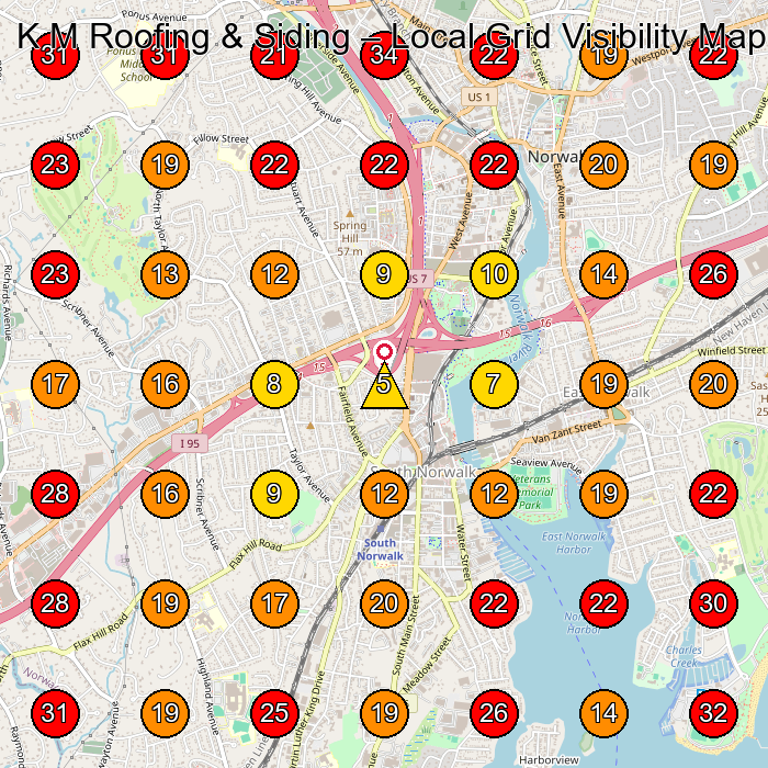 K M Roofing & Siding GeoGrid visibility map for Roofing Contractor in Norwalk